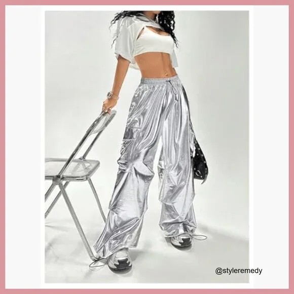 Metallic Cargo Pants Wide Leg Baggy Joggers Polyester Blend - Picture 3 of 5